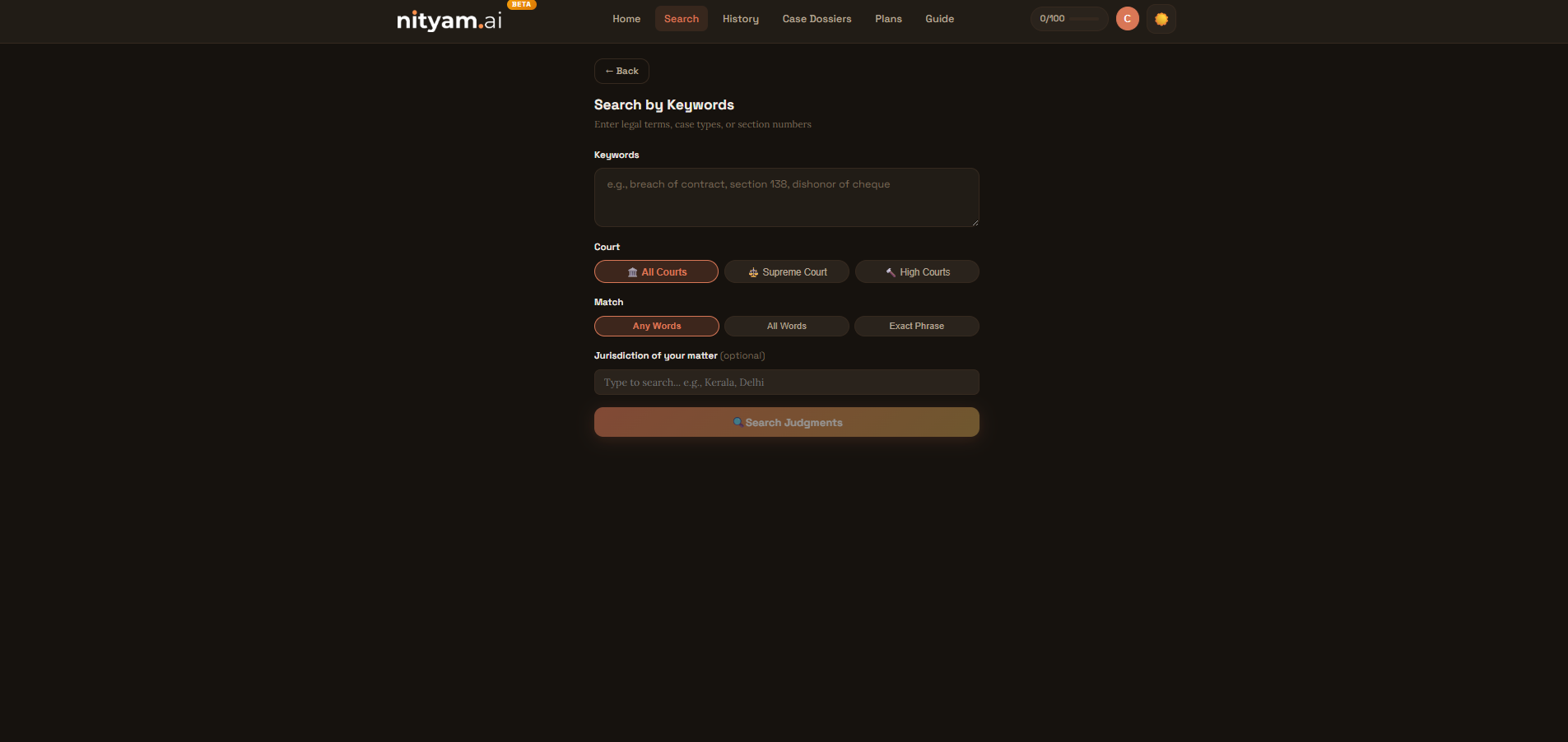 Keyword search form with court, word match, and jurisdiction filters