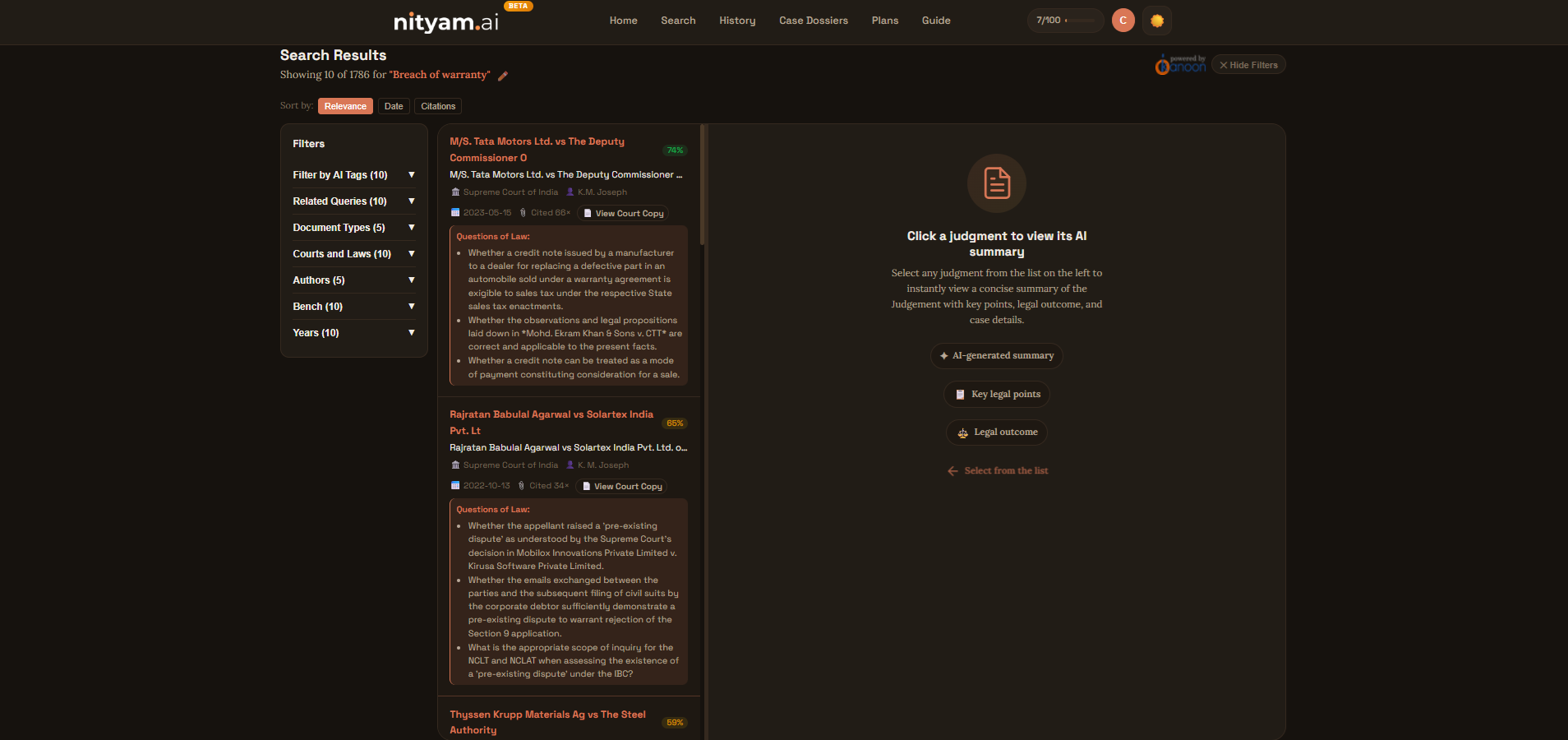 Desktop search results with split-pane view showing metadata cards on the left