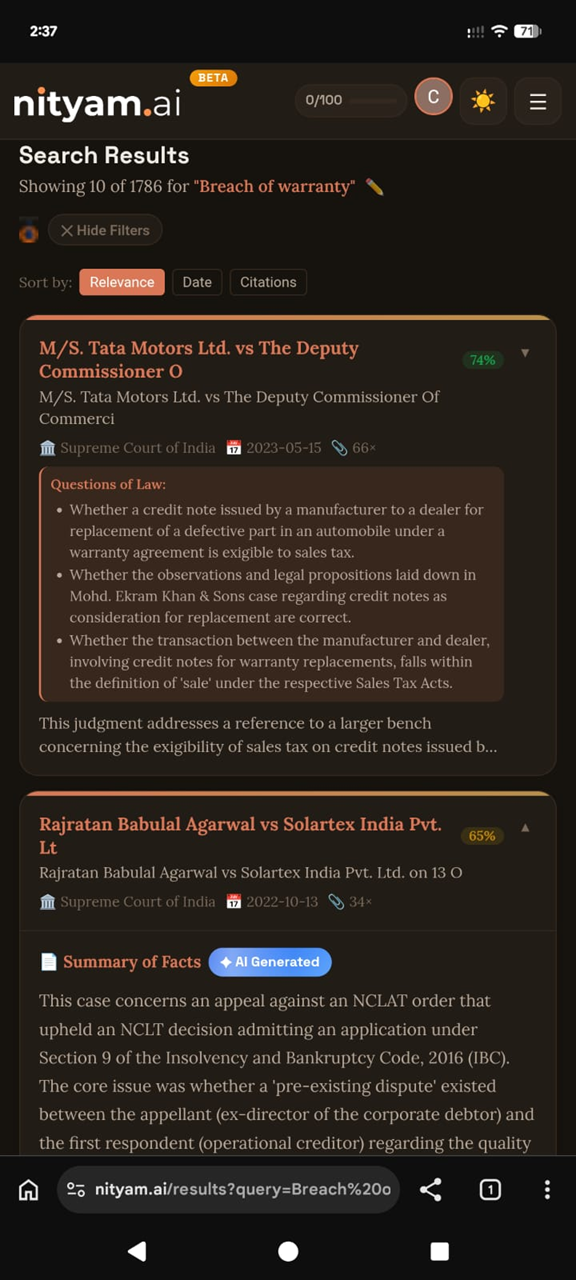 Mobile search results in card view