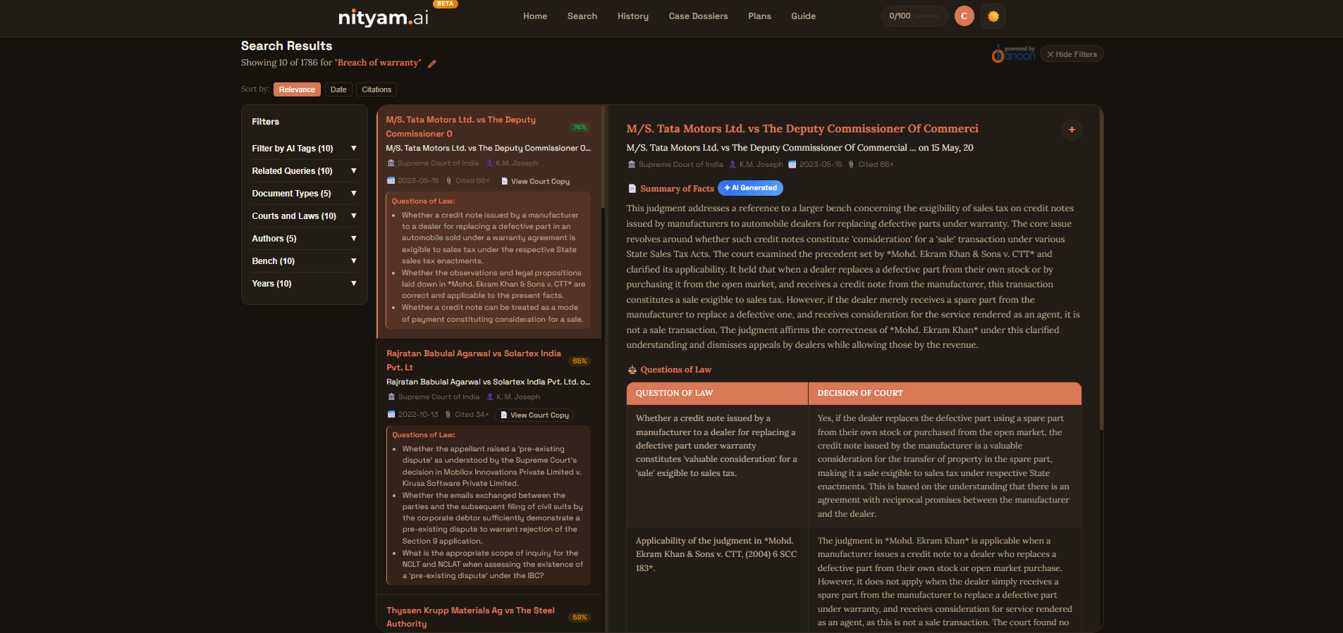 AI-generated judgment summary in the right reading pane