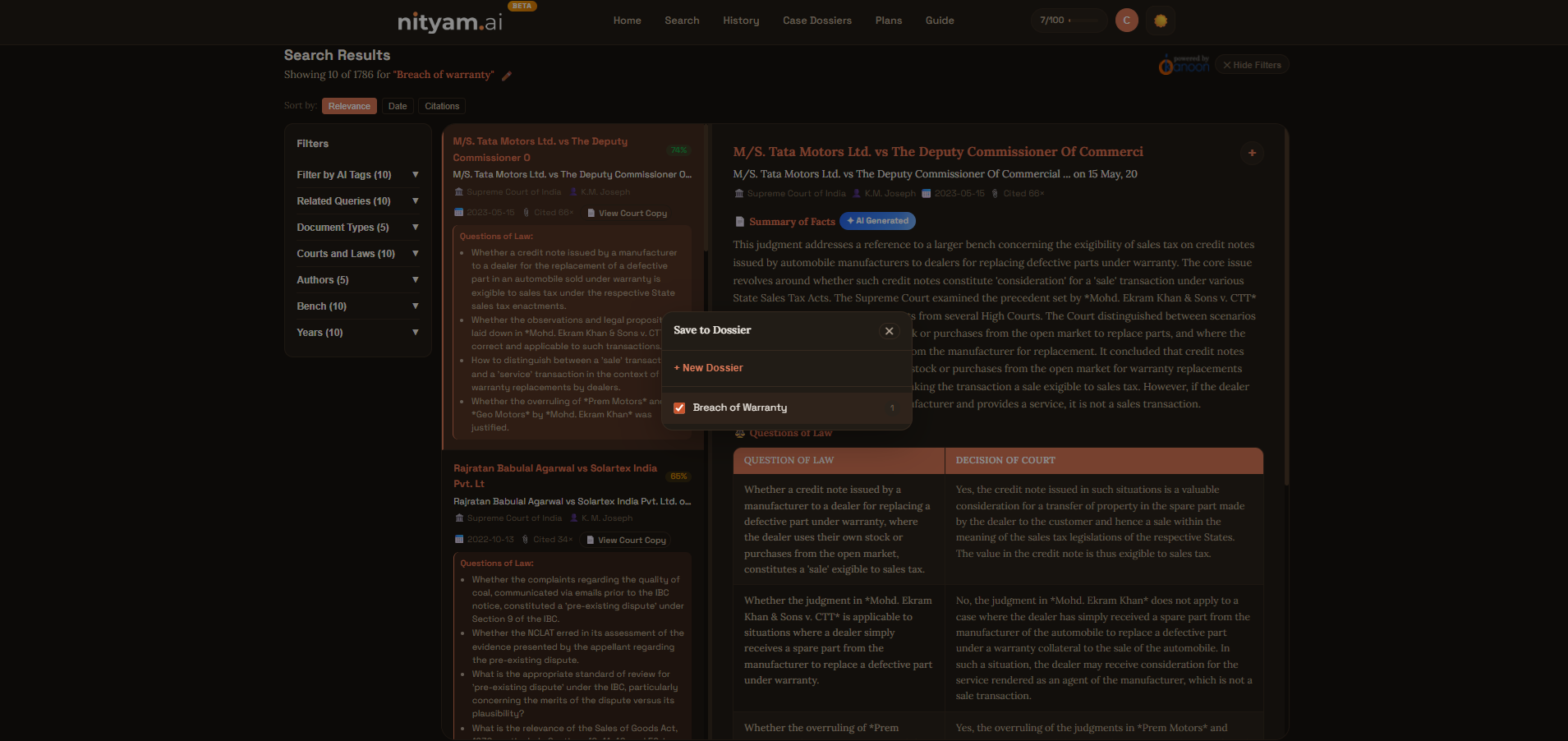Dossier popup open on a search result