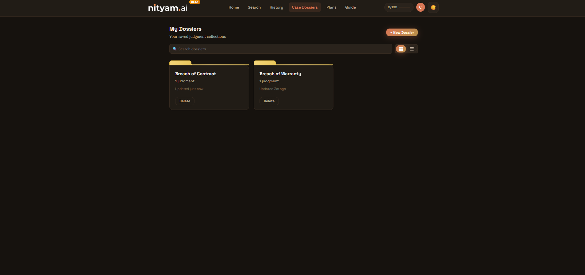 Dossiers list page showing all created dossiers