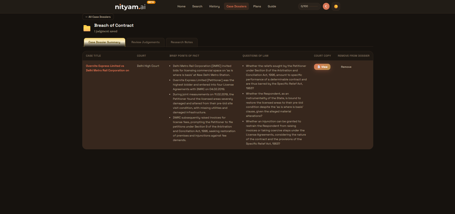 Dossier detail view showing Case Dossier Summary and Review Judgments tabs