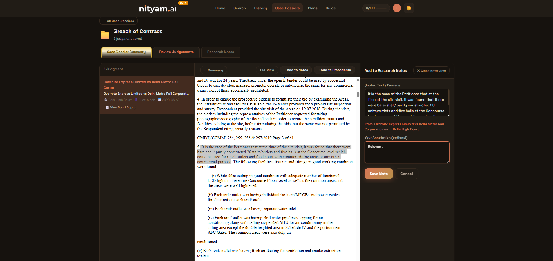 Research Notes tab showing an annotated quote from a court copy